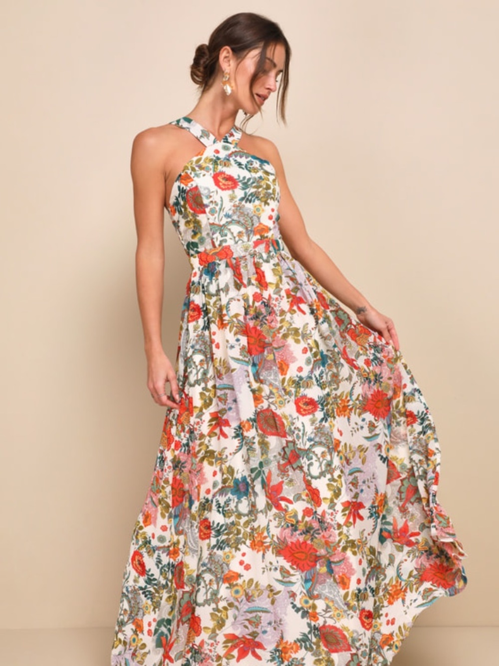 Lulus Lilja Cream Floral Print Maxi Dress Beige - Size XL